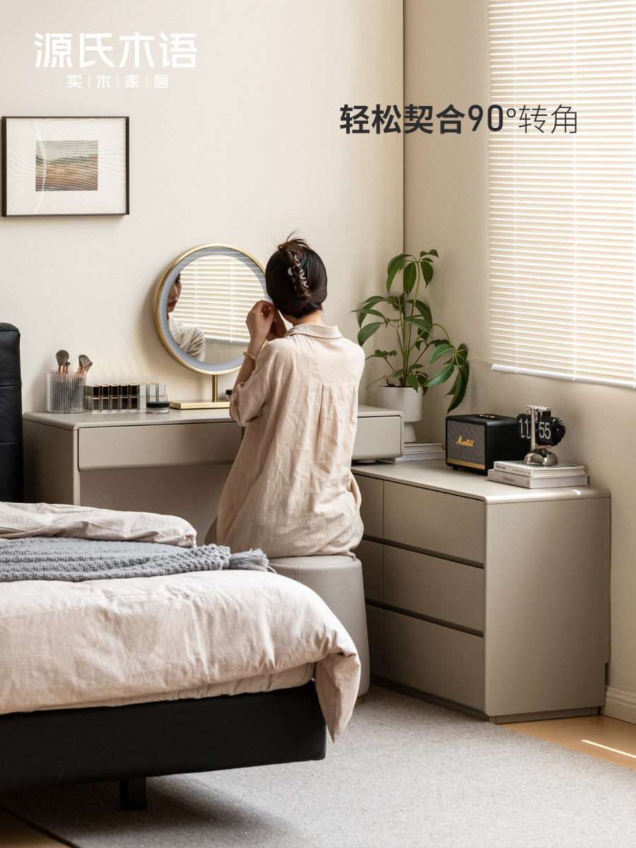 Solid Wood Bedroom Makeup Vanity, Minimalist Telescopic Dressing Table with Integrated Chest of Drawers, Light Luxury Drawer Vanity Desk